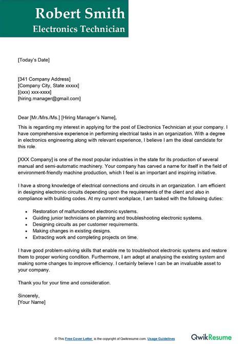 electronics technician cover letter